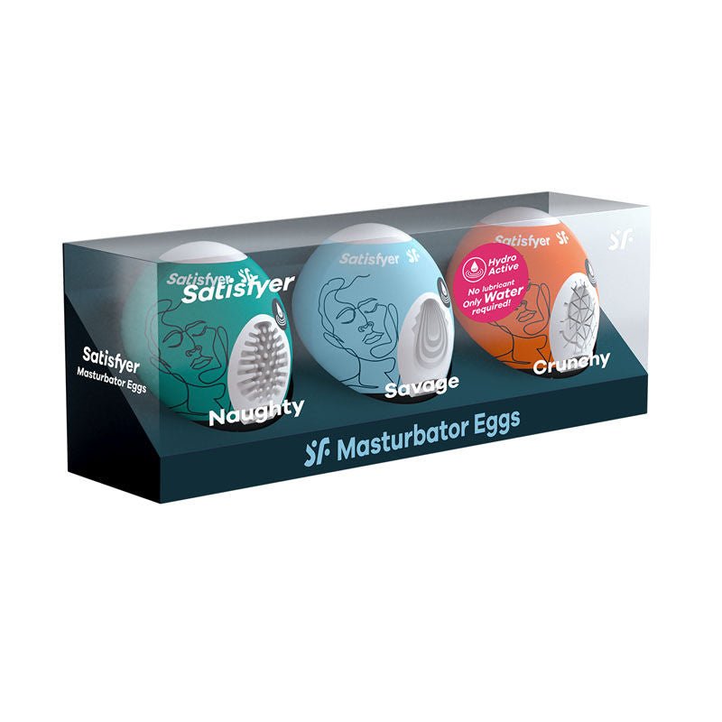Satisfyer Masturbator Eggs Mixed 3 Pack #2 presented in its retail packaging, with the three distinct eggs visible inside, set against a clean white background. | Flirty Bay adult store Perth