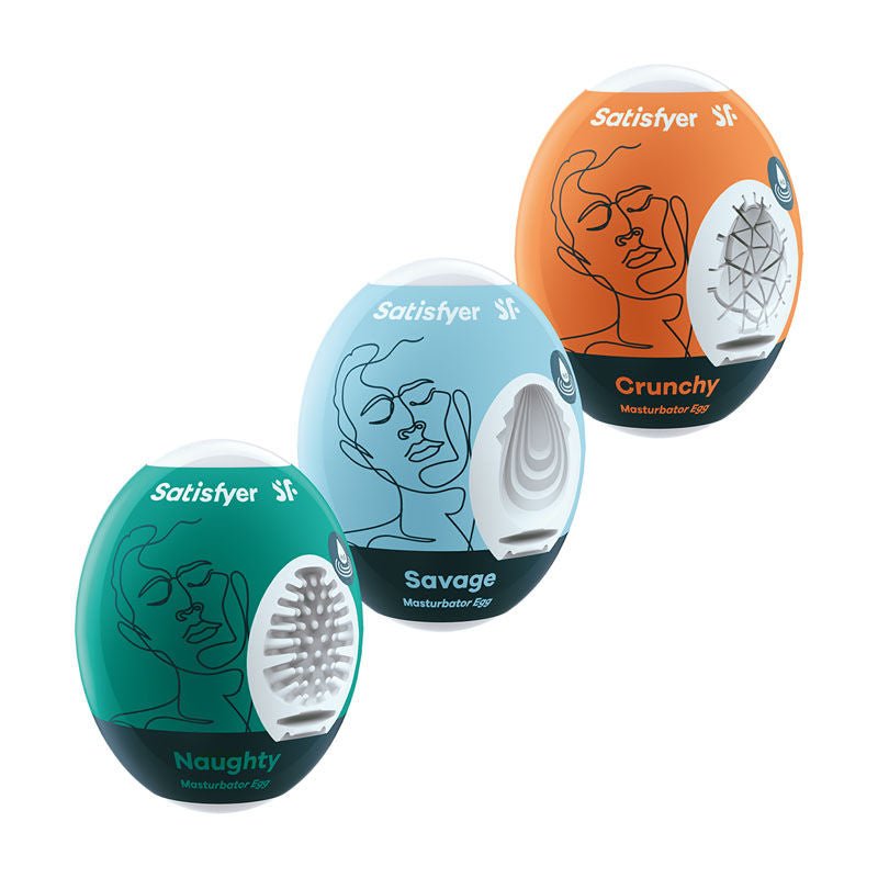 Side view of the Satisfyer Masturbator Eggs Mixed 3 Pack #2, showing the varied textures and colors of the three eggs, displayed on a clean white background. | Flirty Bay adult store Perth