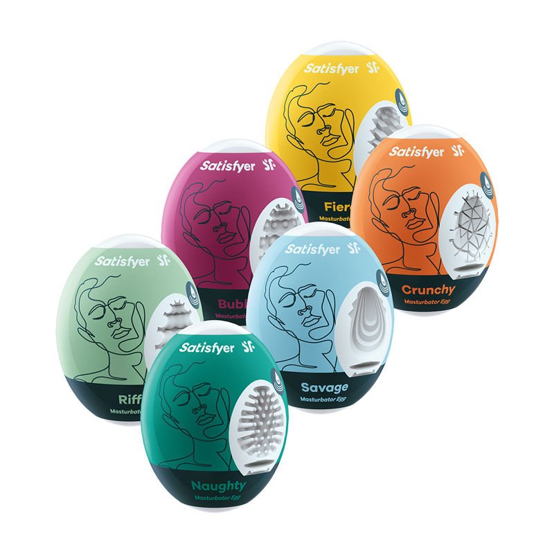 Front view of the Satisfyer Masturbator Eggs Mixed 6 Pack, showing the variety of textures and colors of the six eggs on a clean white background. | Flirty Bay adult store Perth