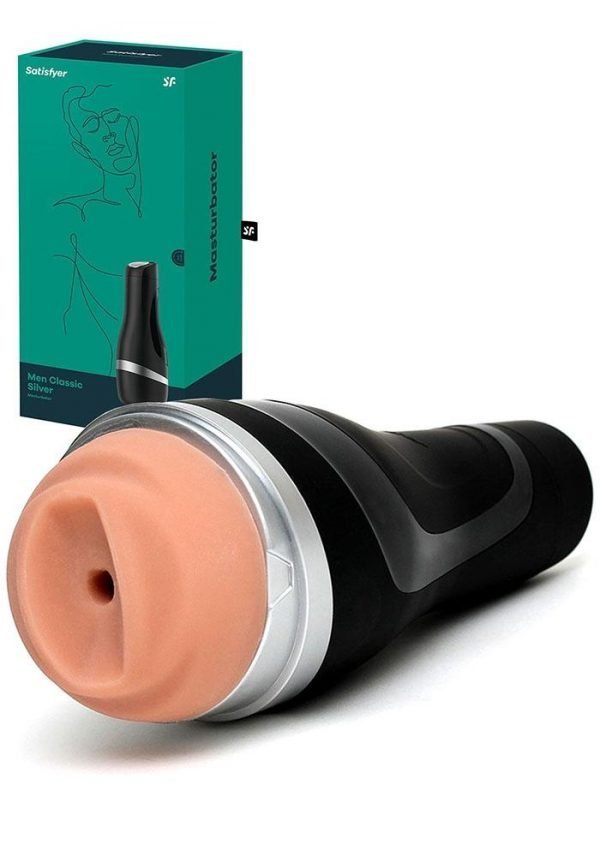 Side view of the Satisfyer Men Classic male masturbator focusing on the realistic vagina entrance with packaging, on a clean white background | Flirty Bay adult store PerthFlirtybay.com.au