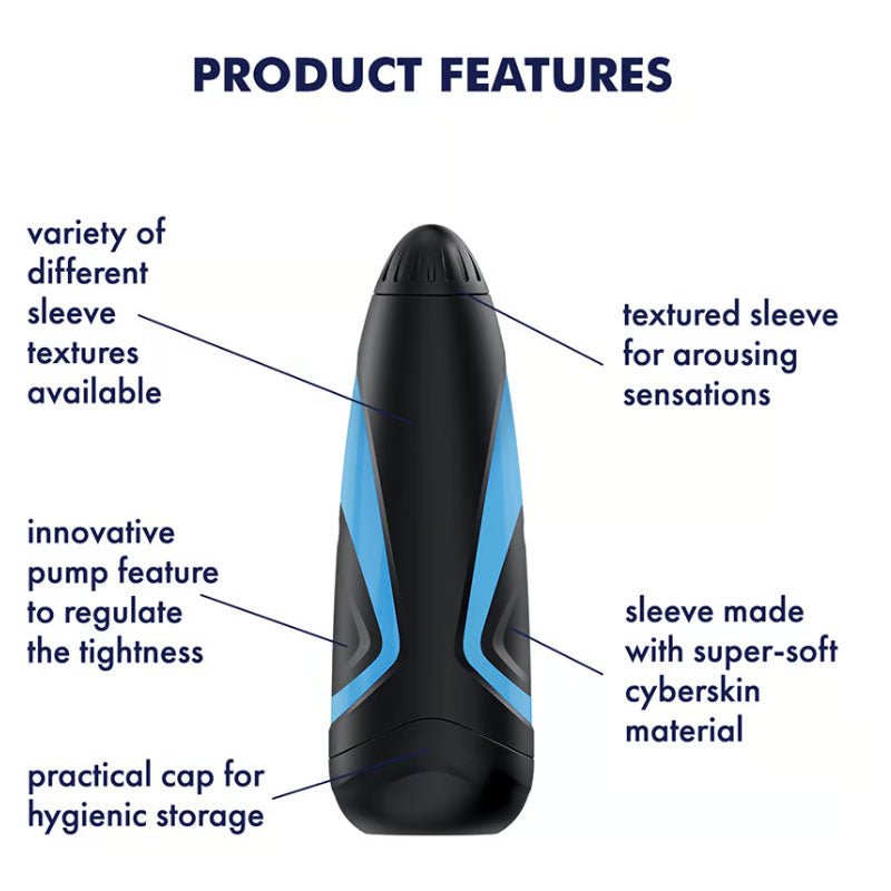 Front view of the Satisfyer Men One male masturbator with features written on the image, on a clean white background | Flirty Bay adult store Perth