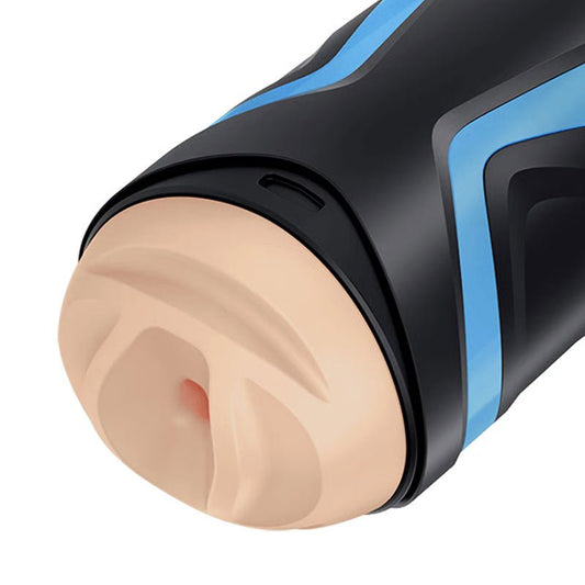 Close-up side view of the Satisfyer Men One male masturbator focusing on the realistic vagina entrance, on a clean white background | Flirty Bay adult store Perth