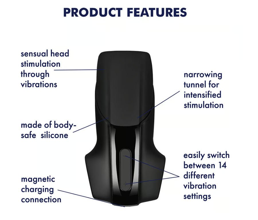 Side view of the Satisfyer Men Vibration male masturbator, on a clean white background | Flirty Bay adult store Perth