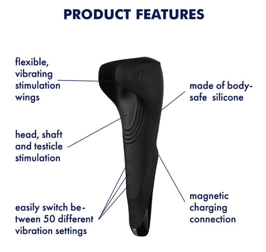 Side view of the Satisfyer Men Wand vibrating masturbator with features listed on the packaging visible, on a clean white background | Flirty Bay adult store Perth