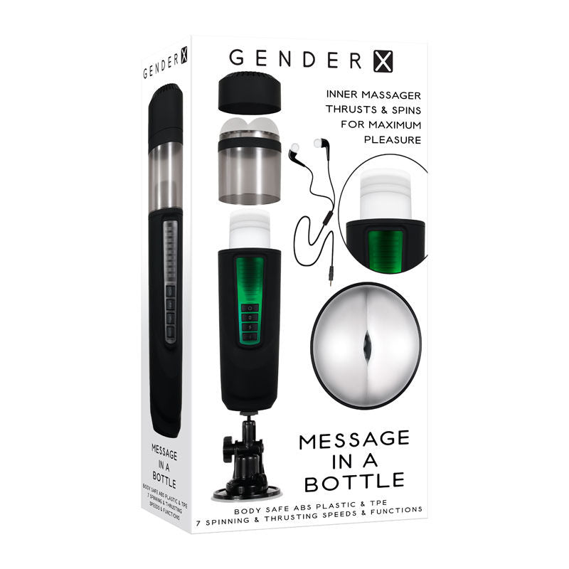 Retail packaging of the Gender X Message in a Bottle Stroker Male Masturbator shown on a clean white background, displaying the box design and branding clearly. | Flirty Bay adult store Perth