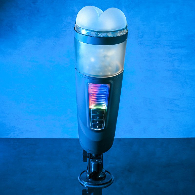 Side view of the Gender X Message in a Bottle Stroker Male Masturbator displayed on a blue decorative background, highlighting the ergonomic shape and texture. | Flirty Bay adult store Perth