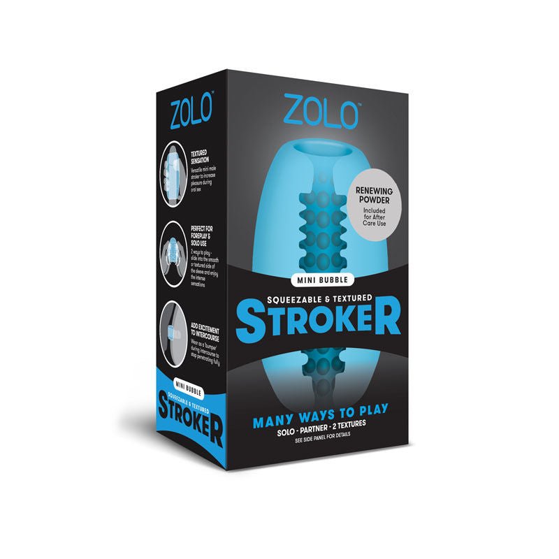 Packaging of the Zolo Mini Bubble Stroker male masturbator, on a clean white background | Flirty Bay adult store Perth