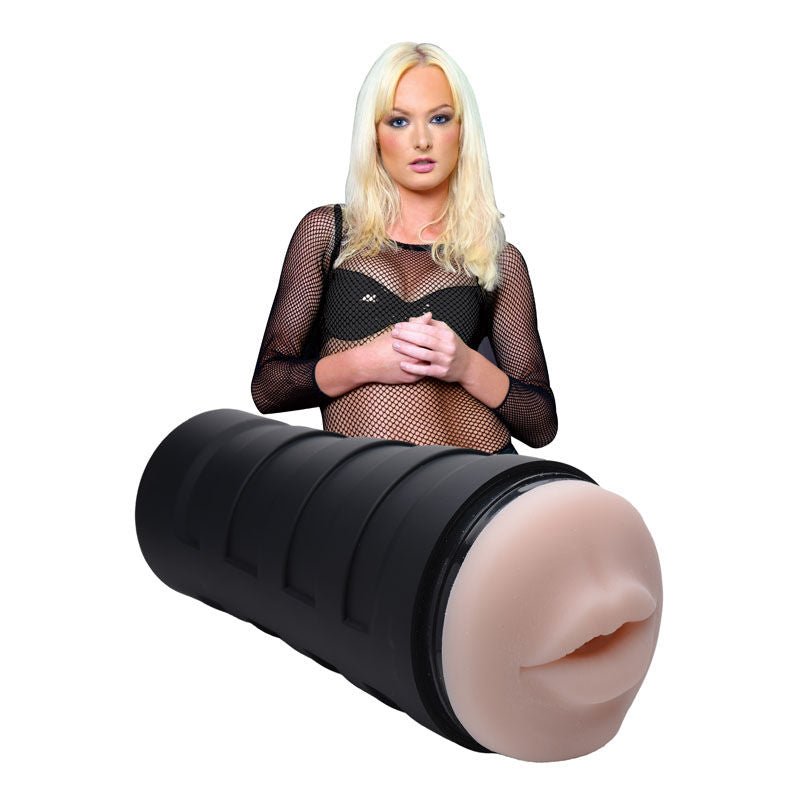 Mistress dani deluxe mouth stroker - male masturbator - with mannequin behind, Product side view  | Flirtybay.com.au