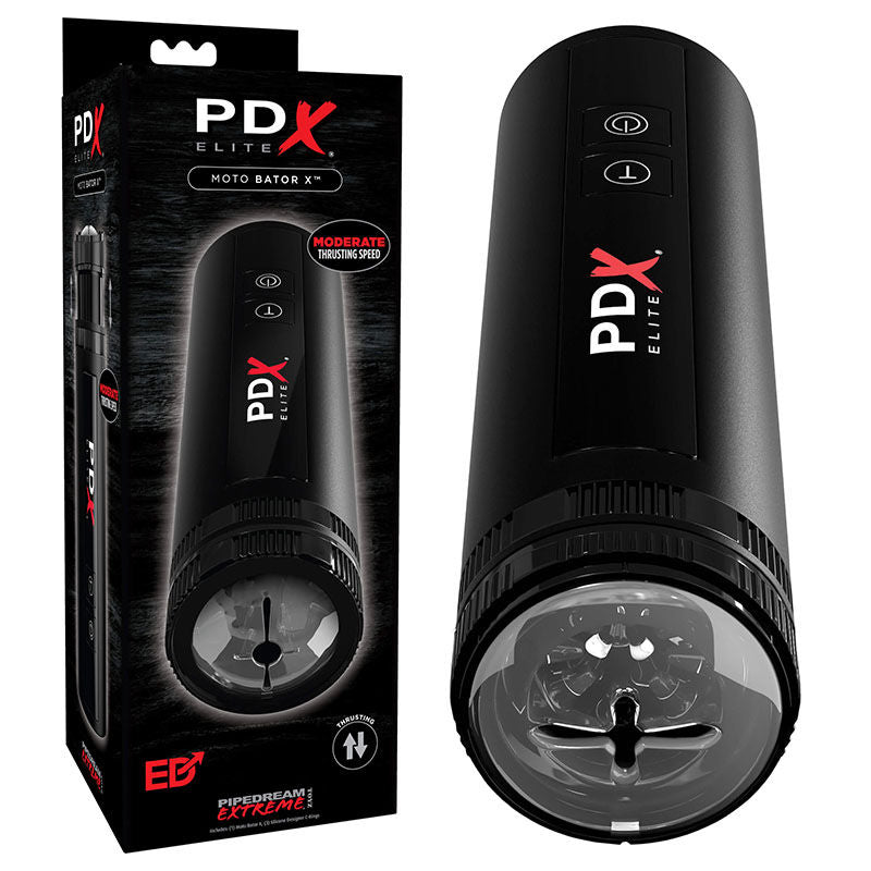 Image of the PDX Elite Moto Bator X Thrusting Male Masturbator standing upright beside its retail packaging. Both the sex toy and box are displayed on a white background. | Flirty Bay adult store Perth
