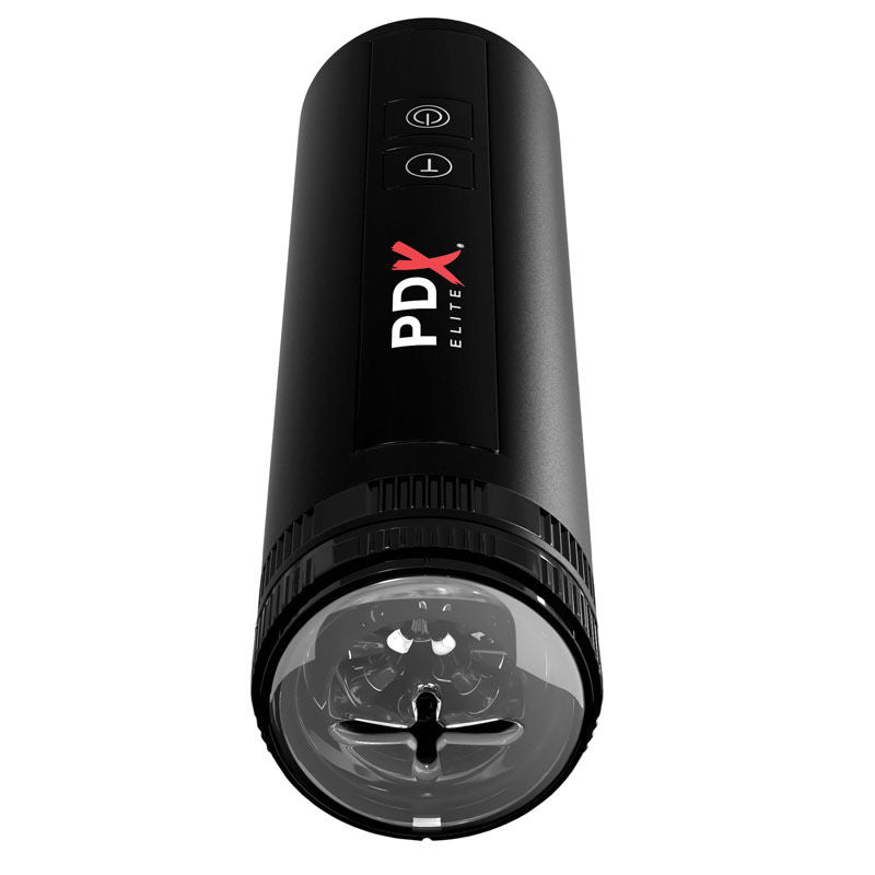 Top-down view of the PDX Moto Bator X showcasing the realistic entry hole of the masturbator. The internal sleeve is visible  on a clean white background | Flirty Bay adult store Perth