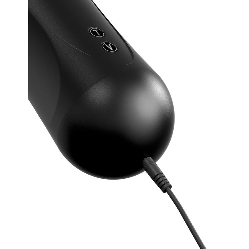 Bottom view of the PDX Extreme Toyz Elite Moto Stroker male masturbator with visible charging port on a clean white background | Flirty Bay adult store Perth