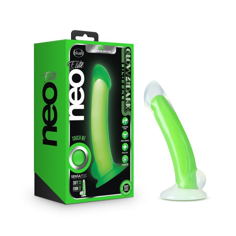 Neo - elite glow omnia 7" dildo - Product front view and box front view | Flirtybay.com.au