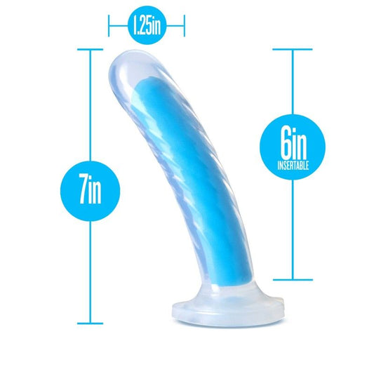 Neo - elite glow omnia 7" dildo - Product side view, with sizes  | Flirtybay.com.au
