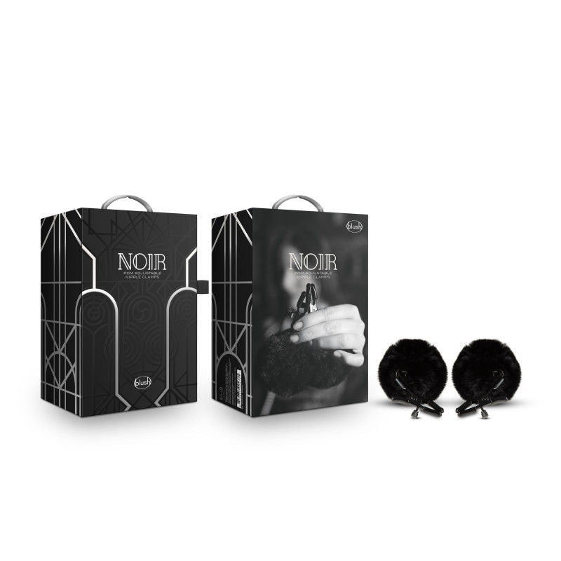 Noir pom adjustable nipple clamps - Product front view and box front view | Flirtybay.com.au