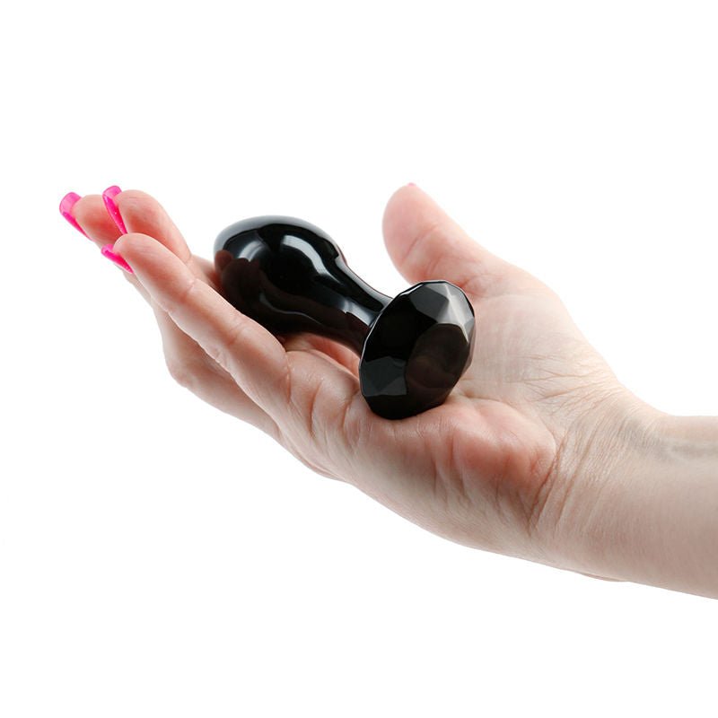 Ns Novelties Crystal gem butt plug black side view in the hand | flirtybay.com.au