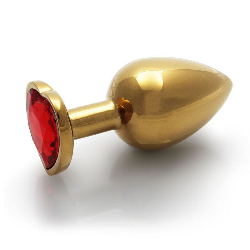 Ouch! Heart gem gold butt plug, large, gold and red, side view | Flirtybay.com.au