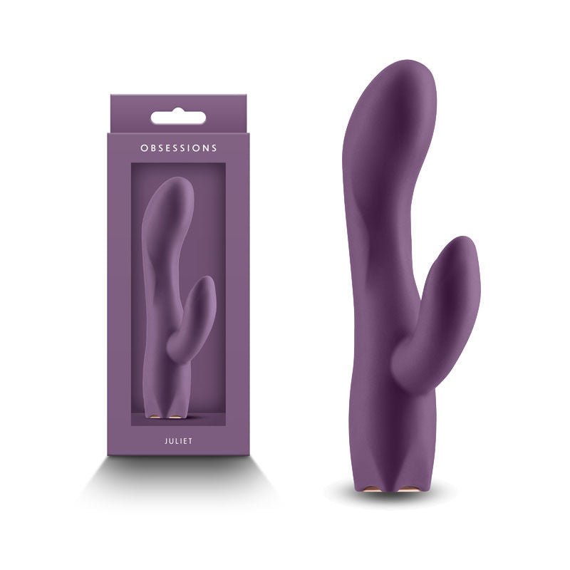 Obsessions - juliet rabbit vibrator - purple, Product front view and box front view | Flirtybay.com.au