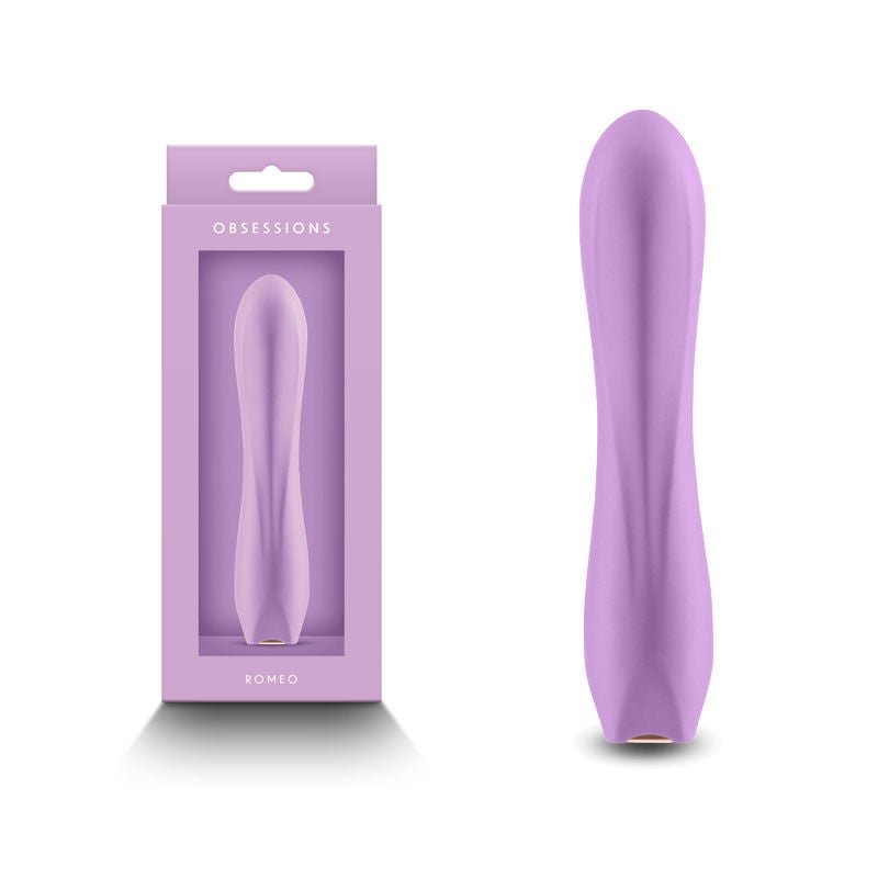 Obsessions - romeo vibrator - lilac, Product front view and box front view | Flirtybay.com.au