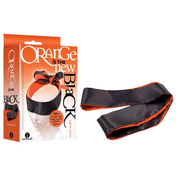 Orange is the new  - satin blindfold - Product front view and box front view | Flirtybay.com.au