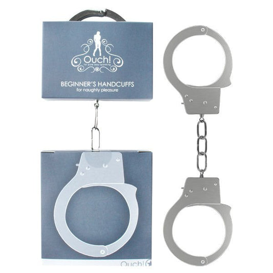 Ouch - beginner's handcuffs - grey, Product front view and box front view | Flirtybay.com.au