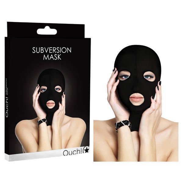Ouch subversion mask - bondage hood - Product front view and box front view | Flirtybay.com.au