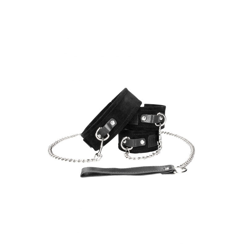 Ouch! bw velcro collar with leash and hand cuffs - Product front view, focus on handcuffs  | Flirtybay.com.au