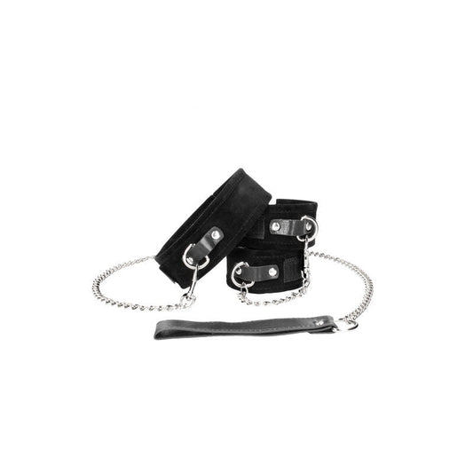 Ouch! bw velcro collar with leash and hand cuffs - Product front view, focus on handcuffs  | Flirtybay.com.au