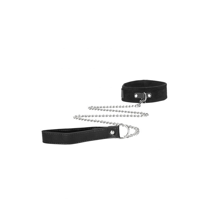 Ouch! bw velcro collar with leash and hand cuffs - Product side view, focus on leash  | Flirtybay.com.au