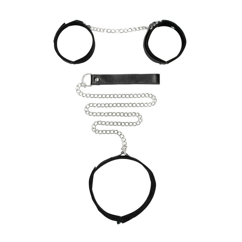Ouch! bw velcro collar with leash and hand cuffs - Product top view  | Flirtybay.com.au