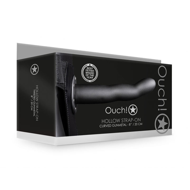 Ouch! curved hollow strap-on - 8" ok -  box side view | Flirtybay.com.au