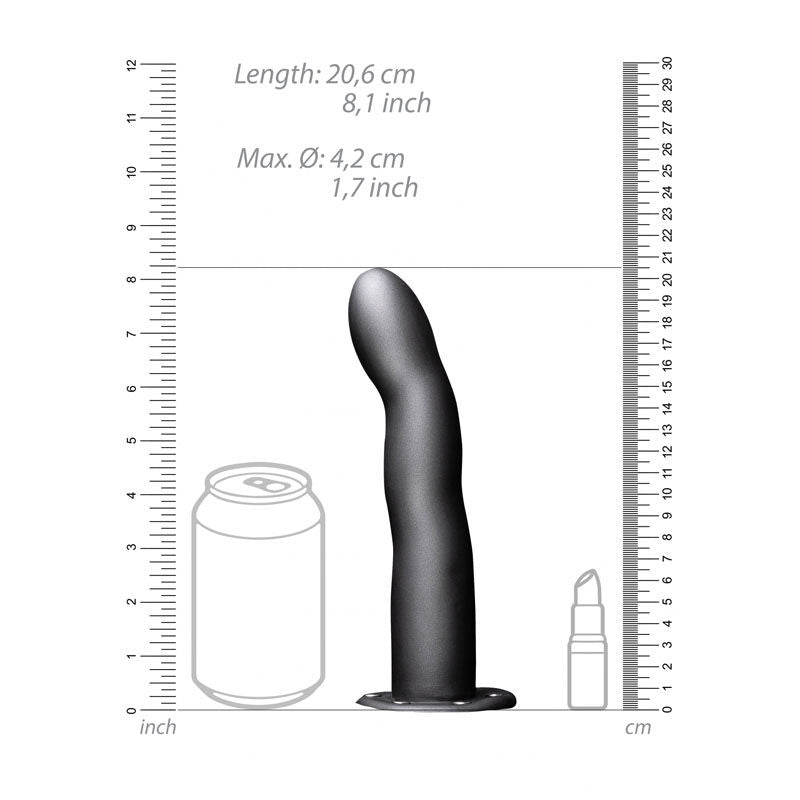 Ouch! curved hollow strap-on - 8" ok - Product front view, with sizes  | Flirtybay.com.au