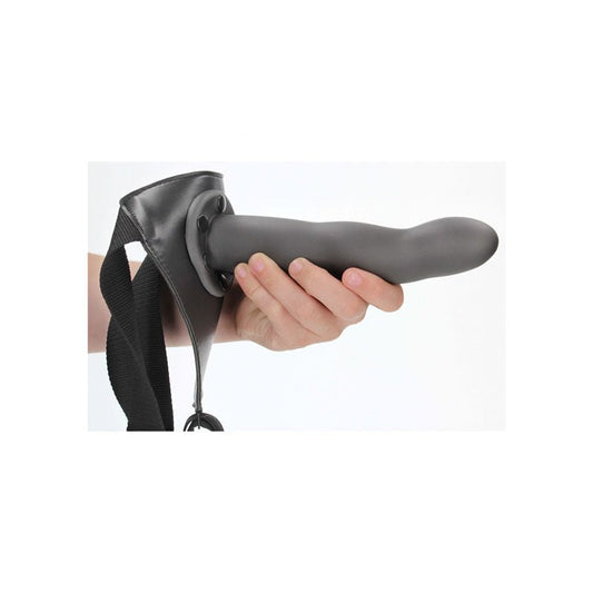 Ouch! curved hollow strap-on - 8" ok - Product side view, on a hand  | Flirtybay.com.au