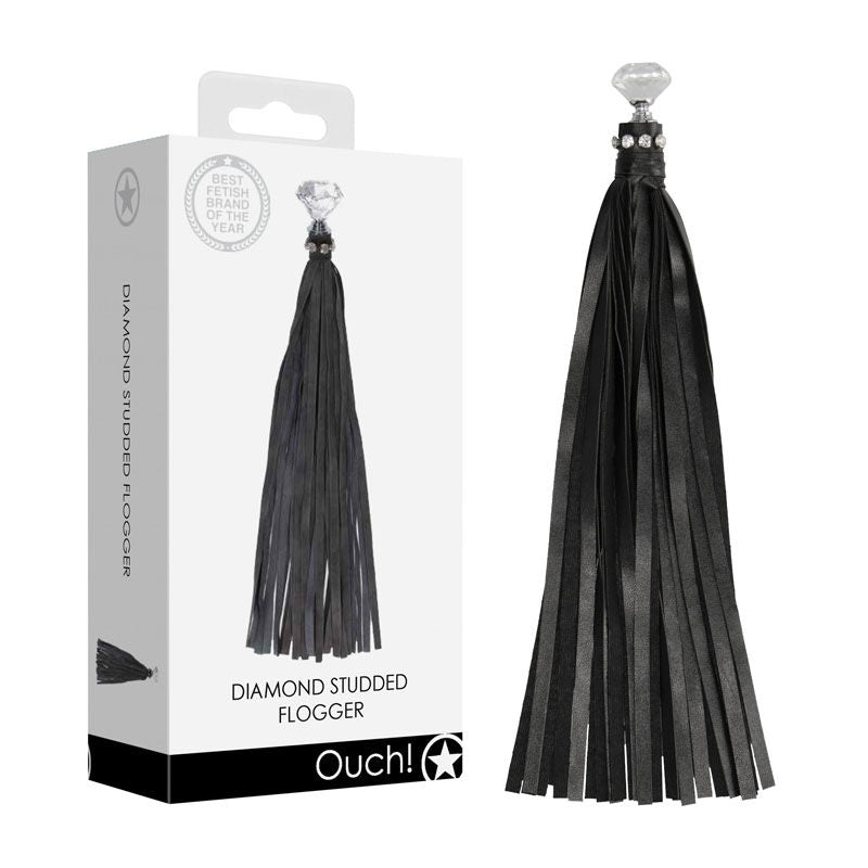Ouch! diamond studded flogger - Product side view and box side view | Flirtybay.com.au