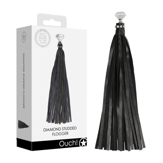 Ouch! diamond studded flogger - Product side view and box side view | Flirtybay.com.au