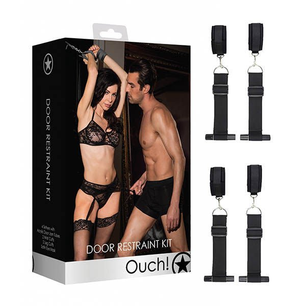 Ouch! door restraint bondage set - Product top view and box side view | Flirtybay.com.au