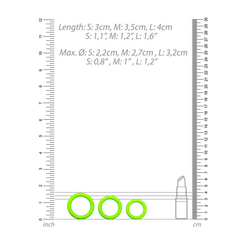 Ouch! glow in the dark cock ring set - Product top view, with sizes  | Flirtybay.com.au