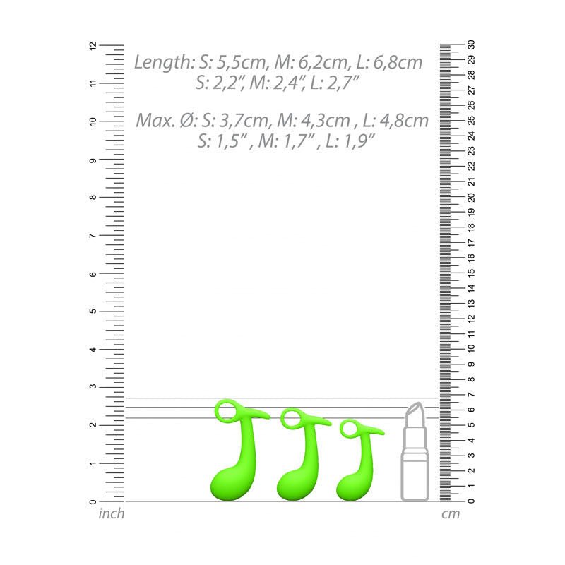 Ouch! glow in the dark prostate massager kit - Product front view, with sizes  | Flirtybay.com.au