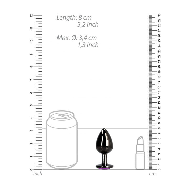 Ouch! - heart gem gunmetal butt plug - medium, Product front view, with sizes  | Flirtybay.com.au