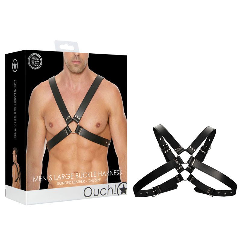 Ouch! men's large buckle harness - Product front view and box side view | Flirtybay.com.au