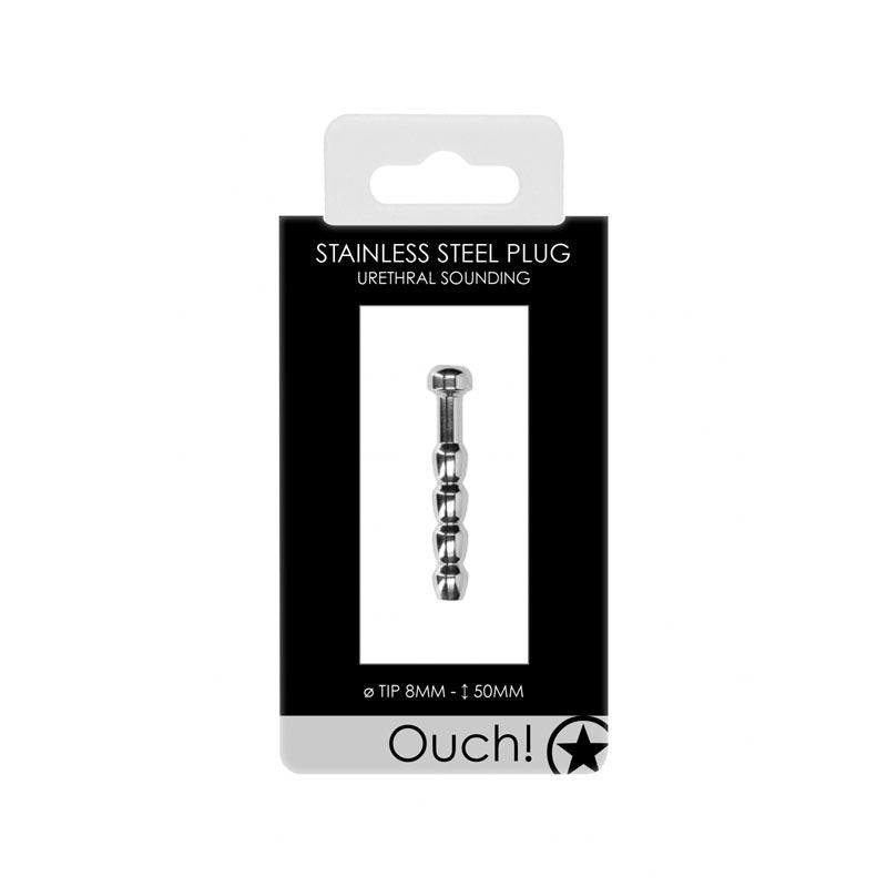 Ouch! urethral sounding - metal plug - 8mm -  box front view | Flirtybay.com.au