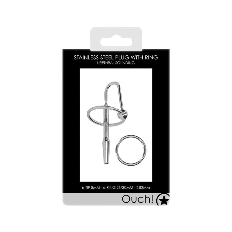 Ouch! urethral sounding - metal plug with ring -  box front view | Flirtybay.com.au