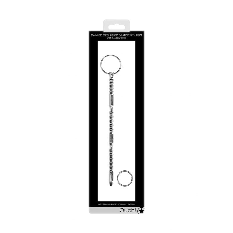 Ouch! urethral sounding - metal ribbed dilator with ring -  box front view | Flirtybay.com.au