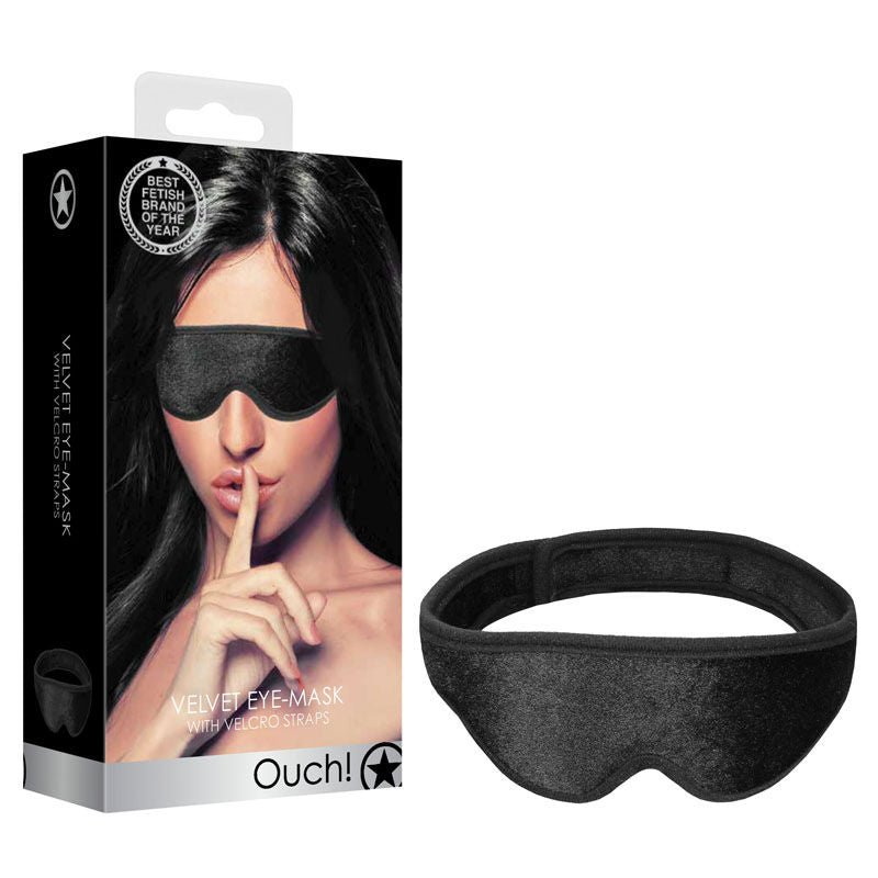 Ouch! velvet & velcro adjustable eye mask - Product front view and box side view | Flirtybay.com.au