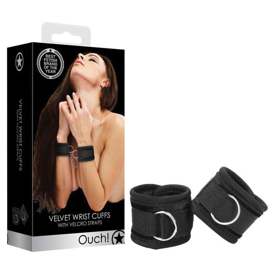 Ouch! velvet & velcro adjustable handcuffs - Product front view and box side view | Flirtybay.com.au