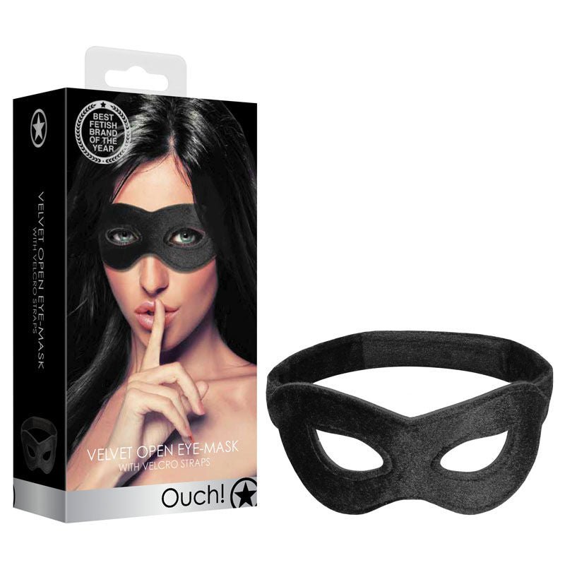 Ouch! velvet & velcro adjustable open eye mask - Product front view and box side view | Flirtybay.com.au