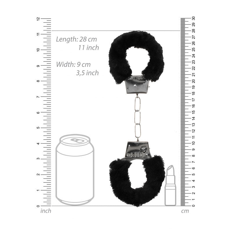 Ouch!  & white beginner's furry hand cuffs - Product front view, with sizes  | Flirtybay.com.au
