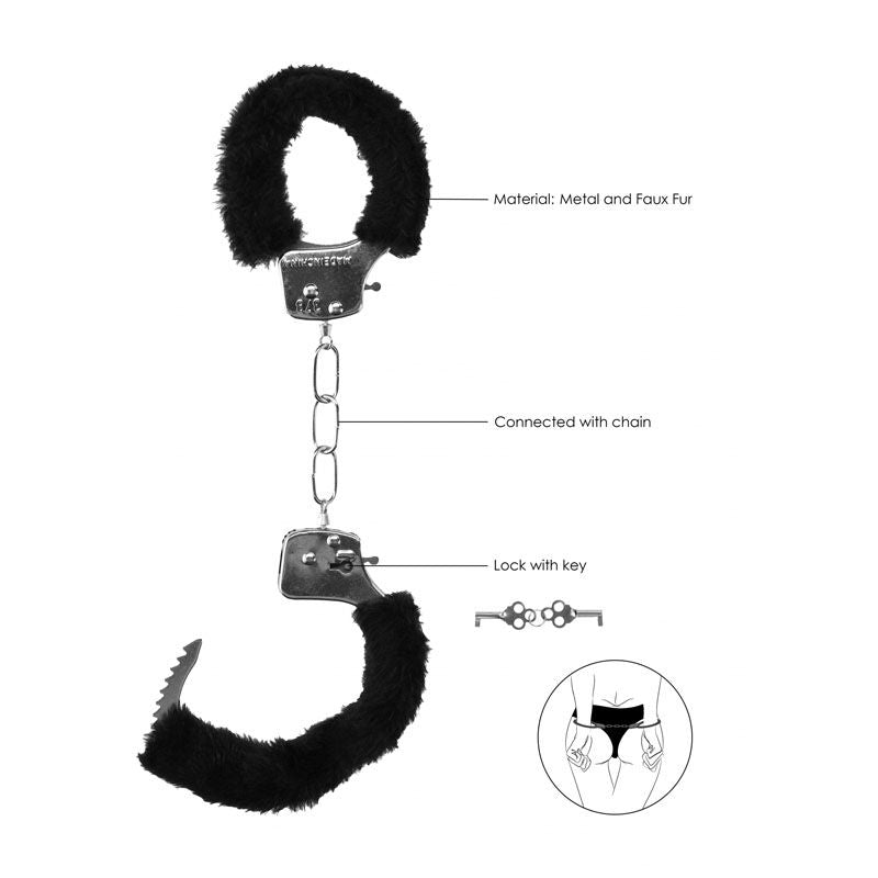 Ouch!  & white beginner's furry hand cuffs - Product side view, focus on lock  | Flirtybay.com.au
