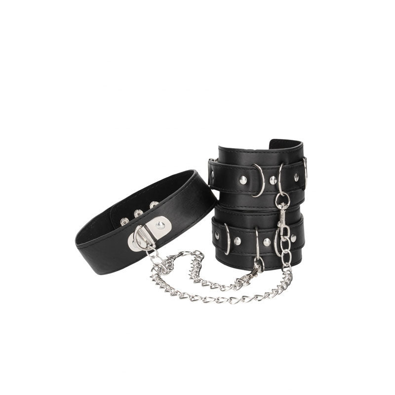 Ouch!  & white bonded leather collar with hand cuffs - Product focus front view  | Flirtybay.com.au