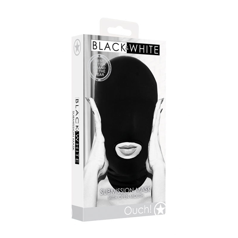 Ouch!  & white submission mask - hood -  box side view | Flirtybay.com.au