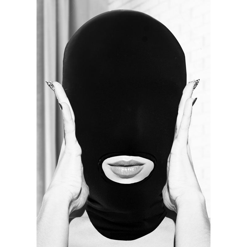 Ouch!  & white submission mask - hood - Product front view, focus  | Flirtybay.com.au
